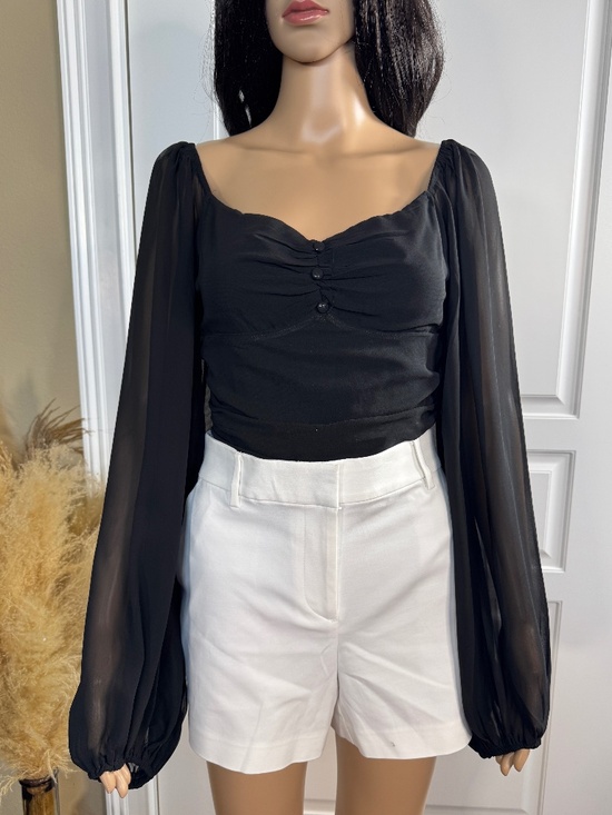 MORNING MIST Tops - BLACK SHEER BALLOON SLEEVE BODYSUIT WITH SWEETHEART NECKLINE SIZE LARGE